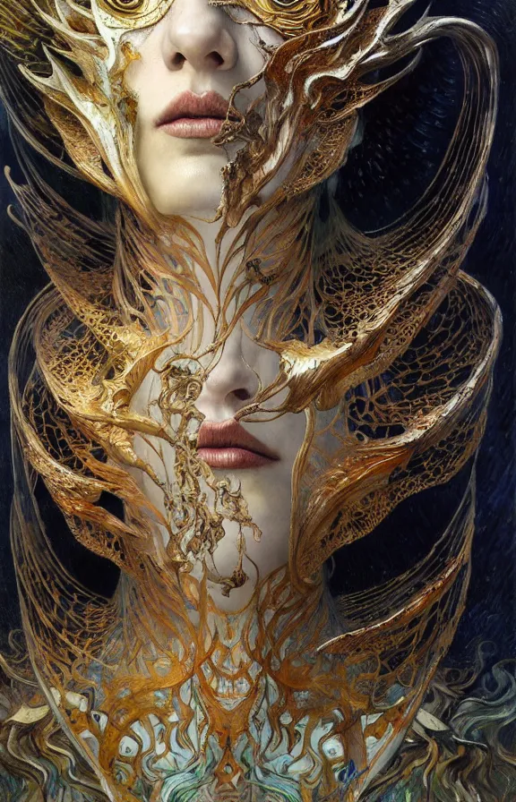 Prompt: divine chaos engine by karol bak and ruan jia and vincent van gogh, iris van herpen visionary dreams, symbolism, imagination, daydreams and nightmares, otherworldly, ethereal, fractal lace, ornate gothic organic filament