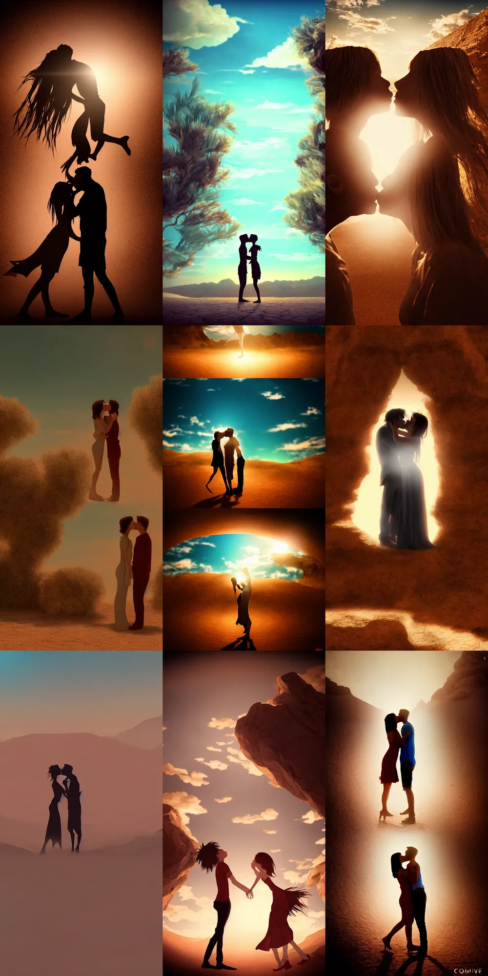 Prompt: one couple kissing before end of time, desert oasis intricate background, cinematic lighting, anime, toon, soft lighting, epic scene, by comix wave films studio