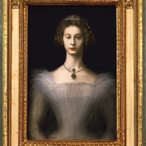 Prompt: the picture of Dorian gray but with queen Elizabeth Ii, Matte painting, by Leonardo da Vinci