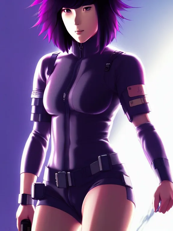 Image similar to a fullbody portrait of motoko kusanagi the major ghost in the shell : : stand alone complex, under repairs, maintenance : : by ilya kuvshinov, rossdraws, artgerm, sola digital arts, anti aliasing, raytracing : :