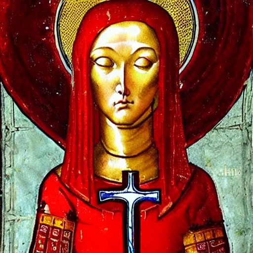 Image similar to a woman with red short hair, red hair, wearing a medieval armor, intricated details armor, holy knight, a halo on her head, holy saint, holy ichonography, catholic fresco