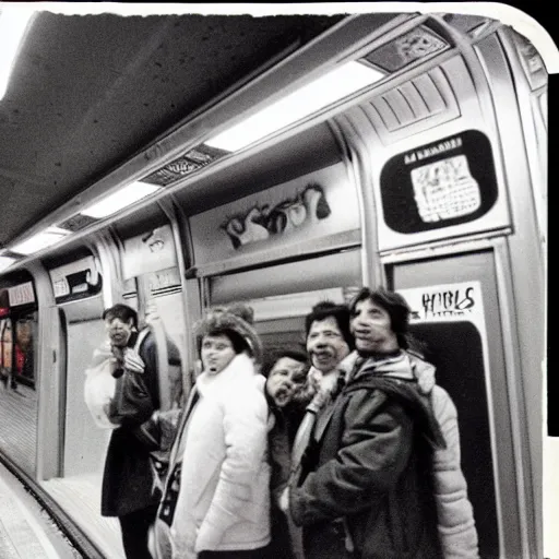 Image similar to penguins riding the subway in new york city in the 1 9 8 0 s, graffiti on the walls, polaroid photograph with flash