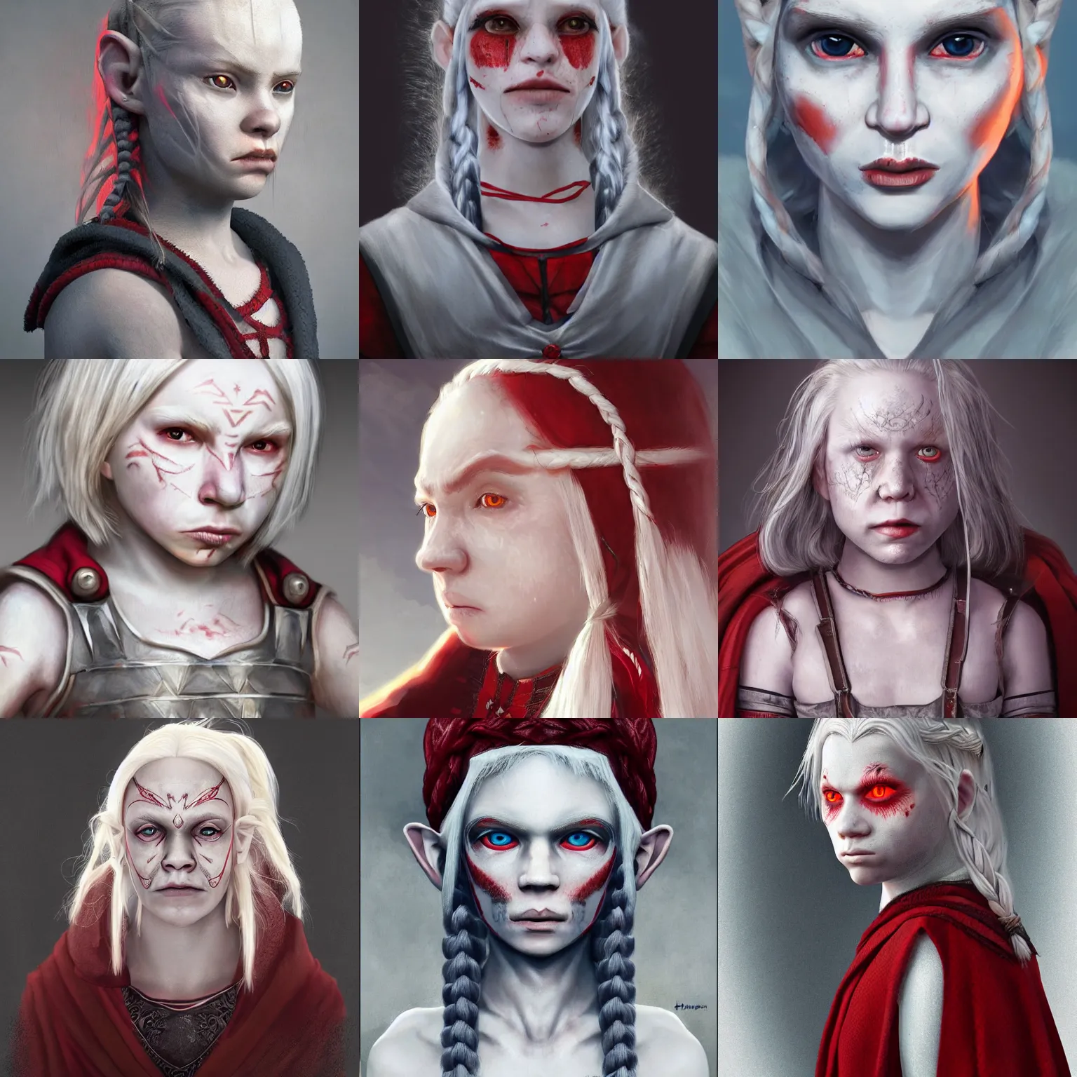 Prompt: realistic portrait of a young albino female halfling with red! eyes and a grey! cloak and geometric facial tattoos!!!!!! and white! braided hair, haunted and sad expression, artstation, cinematic lighting, 8 k, digital art