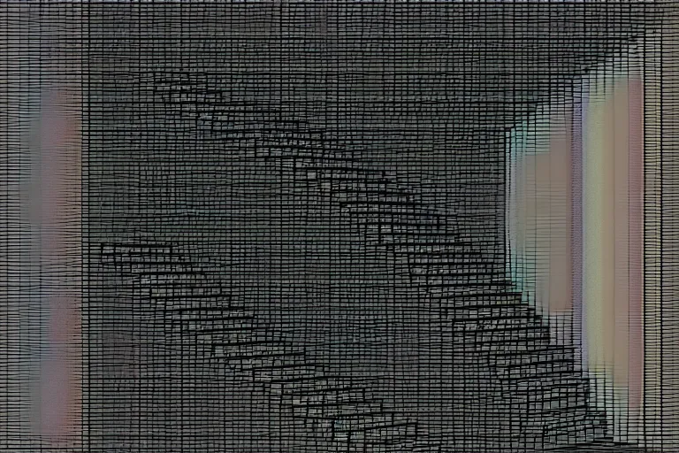 Image similar to a darkened stairway made of lego, with a small faceless figure walking down them, digital art