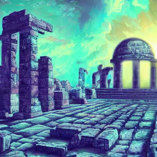 Prompt: ancient ruins in the moon, retrowave epic art, trending on art station