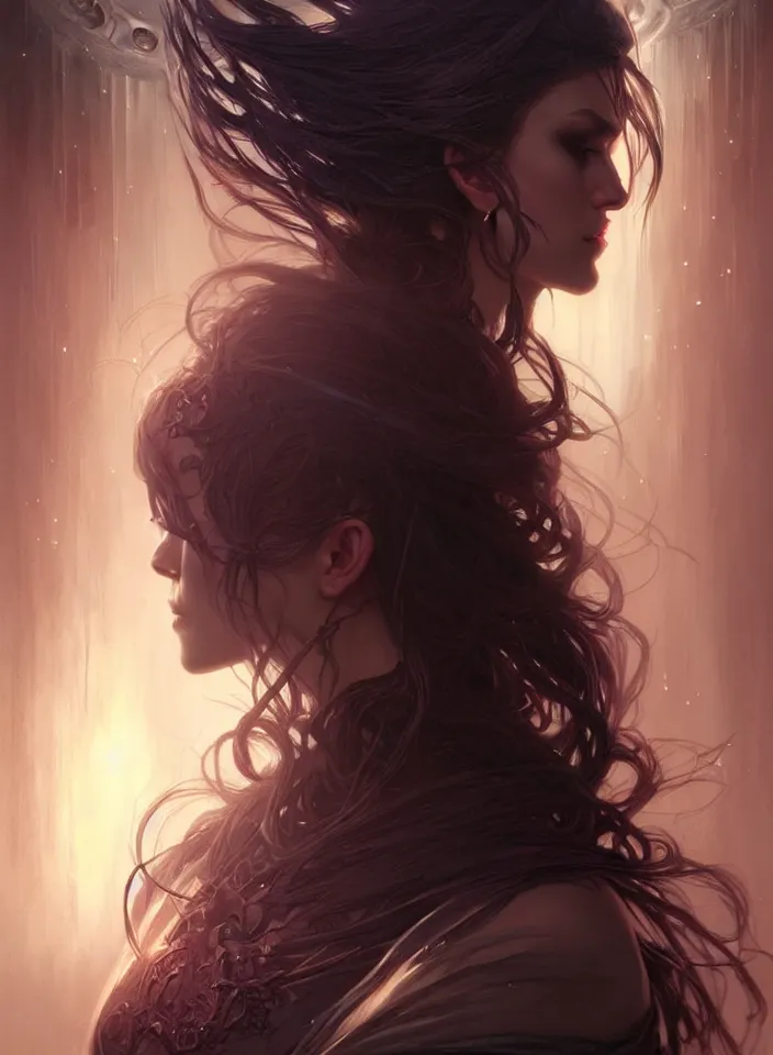 Image similar to Necromancer Sorceress face in center, fantasy magic, undercut hairstyle, dark light night, intricate, elegant, sharp focus, illustration, highly detailed, digital painting, concept art, matte, art by WLOP and Artgerm and Greg Rutkowski and Alphonse Mucha, masterpiece