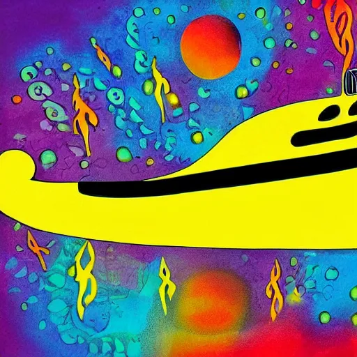 Prompt: yellow submarine mondo art, high quality, striking, psychedelic