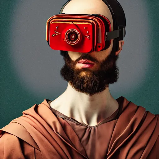 Image similar to Colour Caravaggio and Leonardo da Vinci style full body portrait Photography of Highly detailed Man wearing Ukrainian folk costume with 1000 years perfect face wearing highly detailed retrofuturistic VR headset designed by Josan Gonzalez. Many details In style of Josan Gonzalez and Mike Winkelmann and andgreg rutkowski and alphonse muchaand and Caspar David Friedrich and Stephen Hickman and James Gurney and Hiromasa Ogura. Rendered in Blender and Octane Render volumetric natural light