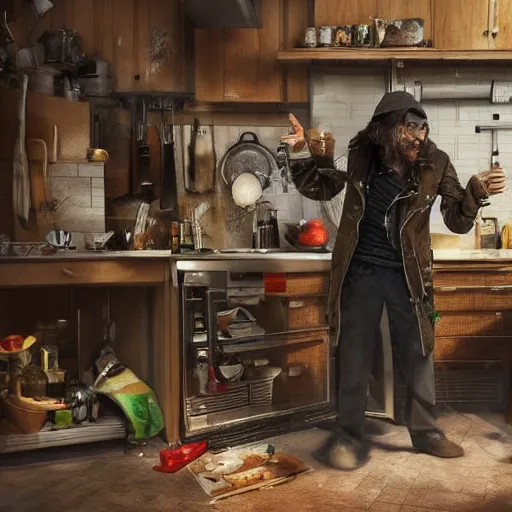 Image similar to a cyberpunk british magical hobo breaks into some ork's kitchen and attacks them, 4 k, detailed, real life photo, sharp focus, photorealistic