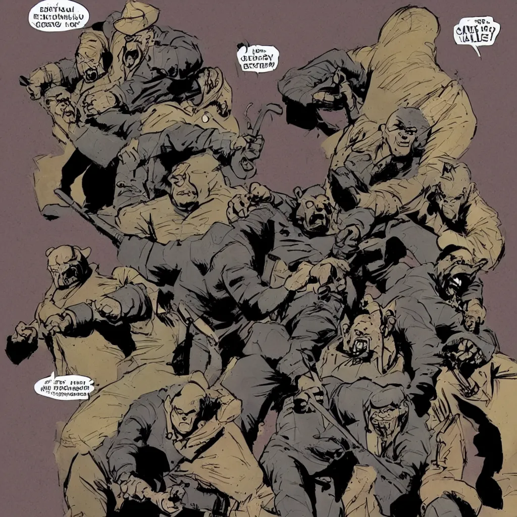 Image similar to style of frank miller, of a group of werebears robbing a bank