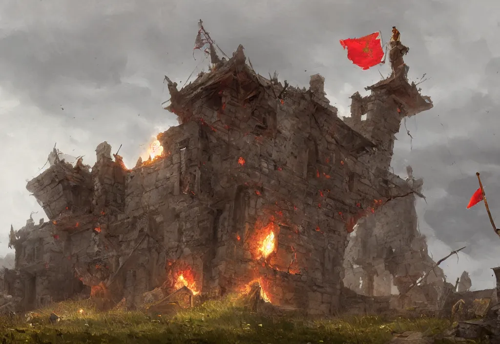 Image similar to a small ruined stronghold with a burning swedish flag hanging from a broken flag pole, artstation, jakub rozalski, high detail