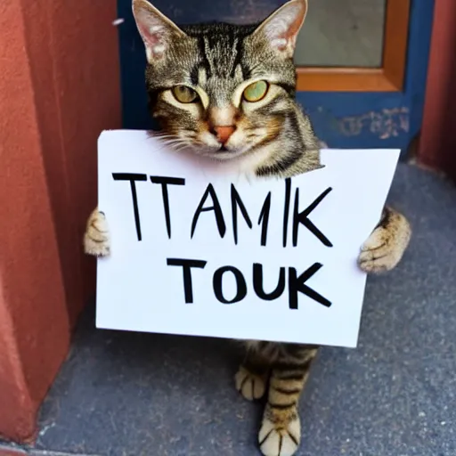 Image similar to a tabby cat holding a sign that says thank you!