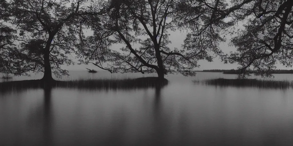 Image similar to centered photograph of a infintely long rope zig zagging across the surface of the water into the distance, floating submerged rope stretching out towards the center of the lake, a dark lake on a cloudy day, moody scene, trees in the background, hyper - detailed photo, anamorphic lens