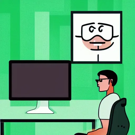 Prompt: computer nerd sitting in a dark room in front of laptop computer, green computer glow on face, digital illustration, illustration, detailed, symmetrical face,