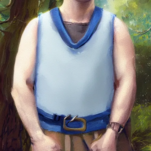 Image similar to close up headshot of a frowning clean shaven pudgy British lad with short curly dark brown hair as a hobbit wearing a white men's crossbody sling chest bag and blue vest, blue vest!! white crossbody chestbag!! high resolution film still, painting by Charlie Bowater