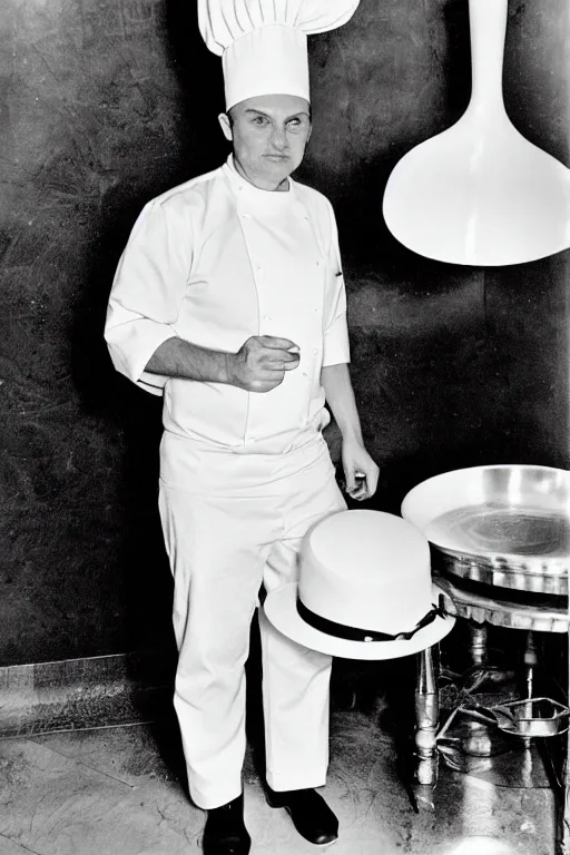 Image similar to A chef with a chef's hat taller than him, Ansel Adams