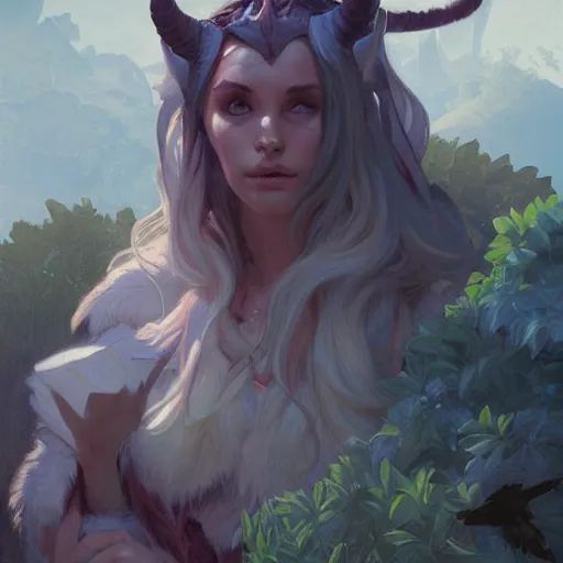 Image similar to Cute Tiefling Druid with tiefling tail D&D, fantasy, full body portrait, highly detailed, digital painting, artstation, concept art, sharp focus, illustration, by greg rutkowski and alphonse mucha