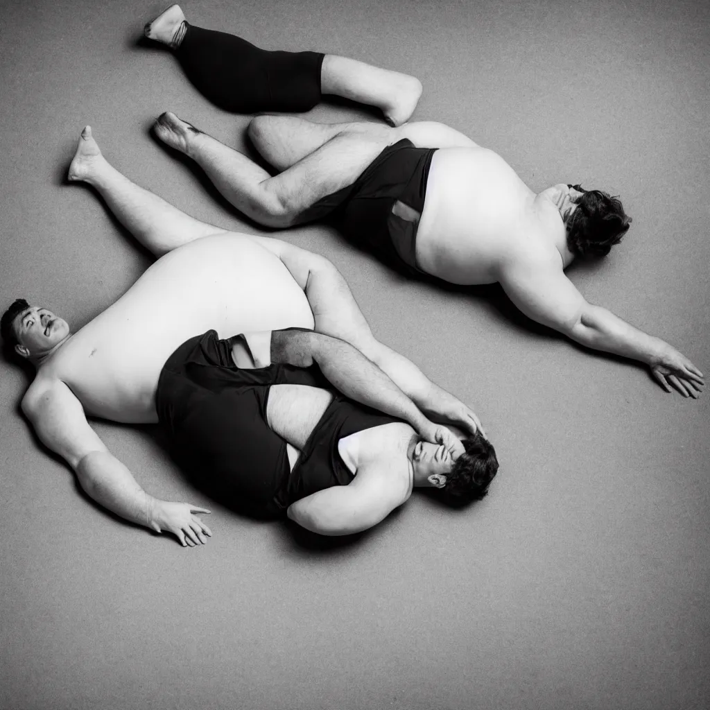 Prompt: a professional black and white studio photo of a large plump man failing to do a simple exercise lying flat on the ground crying he can't do it failure grainy sad tears depressing overhead view