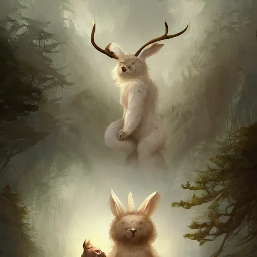 Image similar to a bear and a bunny chimera with the size and strength of a bear, The white color and long bunny ears of a bunny and golden brown antlers. Peter Mohrbacher. George Stubbs. Concept art. Fantasy. Trending on artstation. Masterpiece