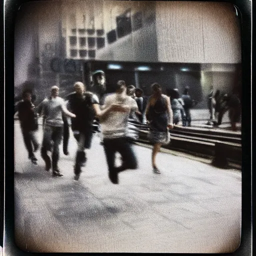 Prompt: a crowd of people running away from zombies in a futuristic cyberpunk city, polaroid photo