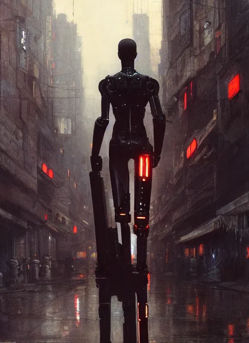 Image similar to blade runner with four robotic legs ( blade runner 2 0 4 9, dystopian, cyberpunk 2 0 7 7 character design ). orientalist portrait by john william waterhouse and james gurney and theodore ralli and nasreddine dinet, oil on canvas. cinematic, hyper realism, realistic proportions, dramatic lighting, high detail 4 k