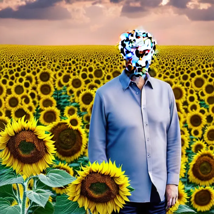Image similar to photo portrait of Putin in sunflower field, dressed in leisure shirt with ornamental ethereal sunflower pattern, natural skin tone, raging war and explosions in the background, face is naturally detailed, elegant, Realistic, Refined, Highly Detailed, natural soft pastel lighting colors scheme, fine art photography by Cecil Beaton, volumetric lighting, hyper realistic photography