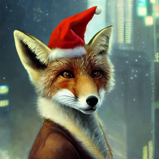 Prompt: portrait futuristic fox animal wearing a santa hat, in future cyberpunk tokyo rooftop , sci-fi, fantasy, intricate, very very beautiful, elegant, human anatomy, neon light, highly detailed, digital painting, artstation, concept art, smooth, sharp focus, illustration, art by tian zi and WLOP and alphonse mucha