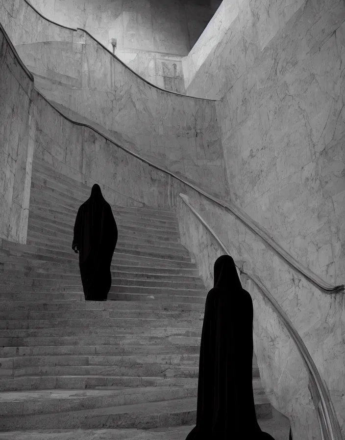 Image similar to a figure shrouded in a long trailing pitch black gown, descending a giant marble staircase in a dark room, photorealism, hyperrealism, harsh lighting, dramatic lighting, medium shot, serious, gloomy, foreboding, cinematic