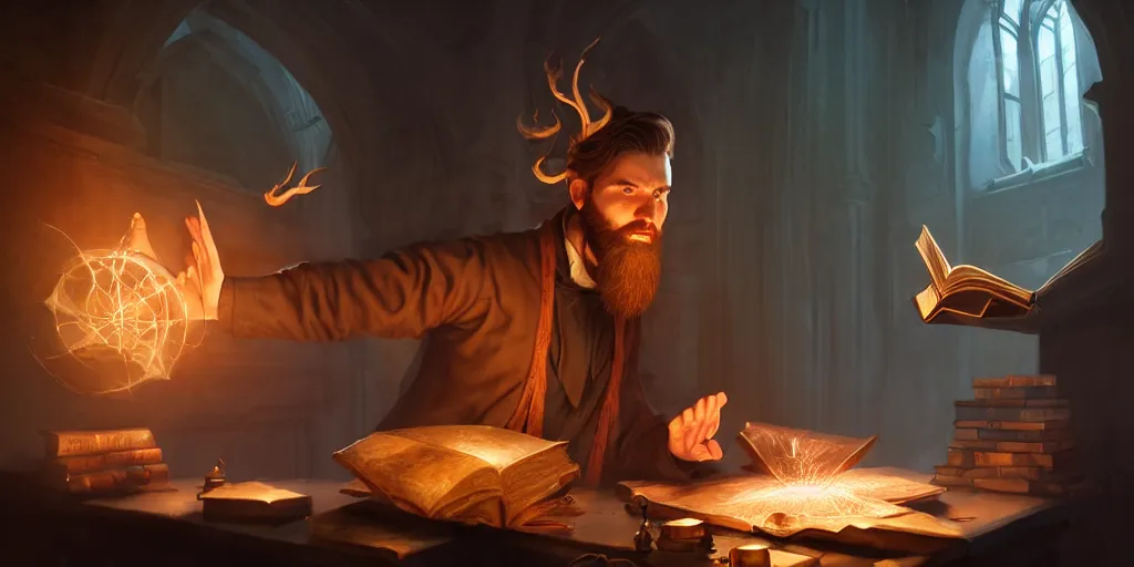 Image similar to a handsome bearded caucasian male sorcerer with brown hair, he is in a alchemist lab, casting a spell from a book, action pose, digital art, concept art, 4 k, super coherent, unreal engine, by dave melvin and greg rutkowski