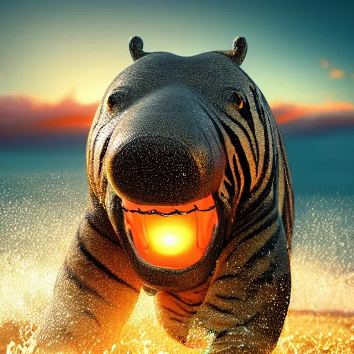 Image similar to a closeup photorealistic photograph of a cute smiling knitted tiger hippopotamus chasing beachballs during sunset. teeth exposed, surf in the background. professional capture. this 4 k hd image is trending on artstation, featured on behance, well - rendered, extra crisp, features intricate detail, epic composition and the style of unreal engine.