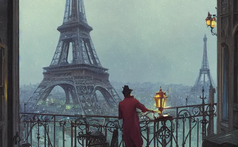 Prompt: gentleman drinking coffee at balcony in france, city with eiffel tower seen behind, night raining, detailed characters, by greg rutkowski, alphonse mucha, beeple, sharp focus, digital art, smooth, light refraction, pixiv art, volumetric lighting, makoto shinkai