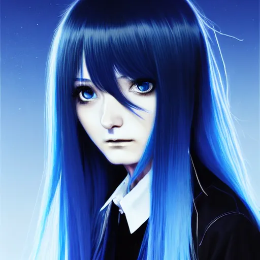 Image similar to full face shot of rimuru tempest, sky blue straight hair, long bangs, with amber eyes, wearing a black jacket, high collar, ultra detailed, concept art, award winning photography, digital painting, cinematic, wlop artstation, closeup, pixiv, evil, yoshitaka amano, andy warhol, ilya kuvshinov,