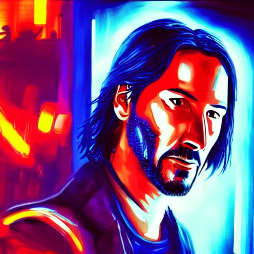 Prompt: Headshot Portrait of Keanu Reeves on neon street in Cyberpunk city, synthwave, artstation art, night, professional light