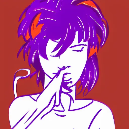 Prompt: Woman standing in front of fountain, smoking cigarette, highly detailed anime portrait. Purple and orange color scheme digital art (5px vector outline contour, anime shading line art)