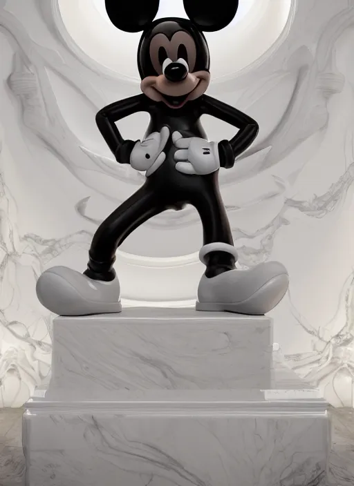 Image similar to stylized shiny latex rubber leather statue full body cosmic eldritch horror made of marble of disney character mickey mouse, perfect symmetrical body, perfect symmetrical face, hyper realistic, hyper detailed, by johannen voss, by michelangelo, octane render, blender, 8 k, displayed in pure white studio room
