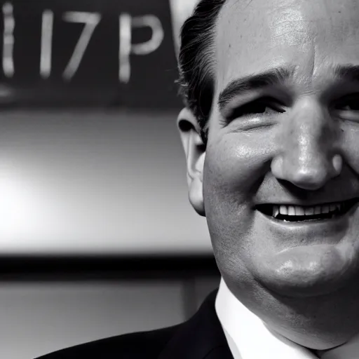 Prompt: Ted Cruz with a wide grin looking up directly at the camera, black and white, creepy lighting, scary, horror, ornate, eerie, fear