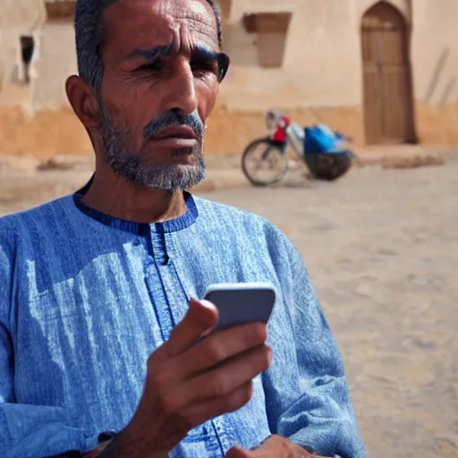 Image similar to a moroccan man looking down at his phone taking a selfie, serious face, not smiling, with a large double - chin showing