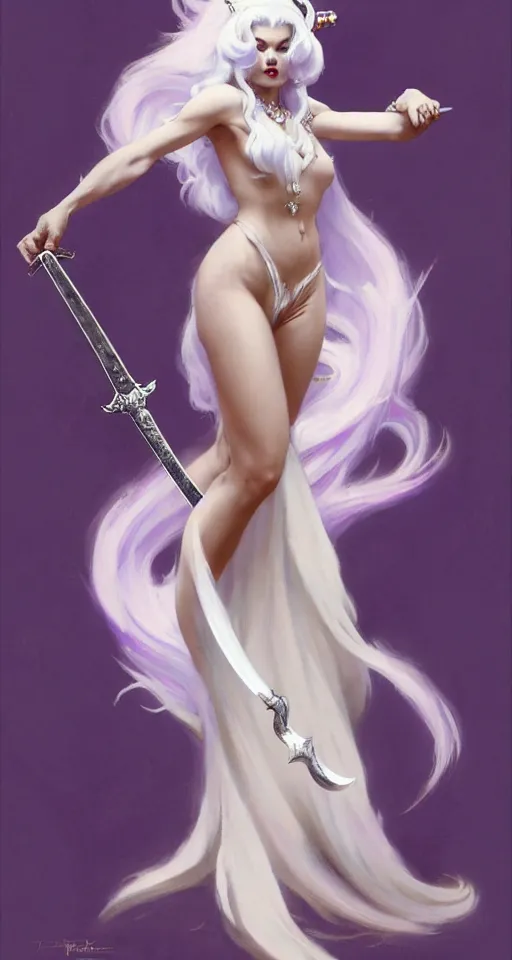 Image similar to frank frazetta painting of queen of hokra, silver white hair, violet long gown, full body, sorceress sword, soft lighting, trending on artstation, by huang guangjian and gil elvgren and sachin teng