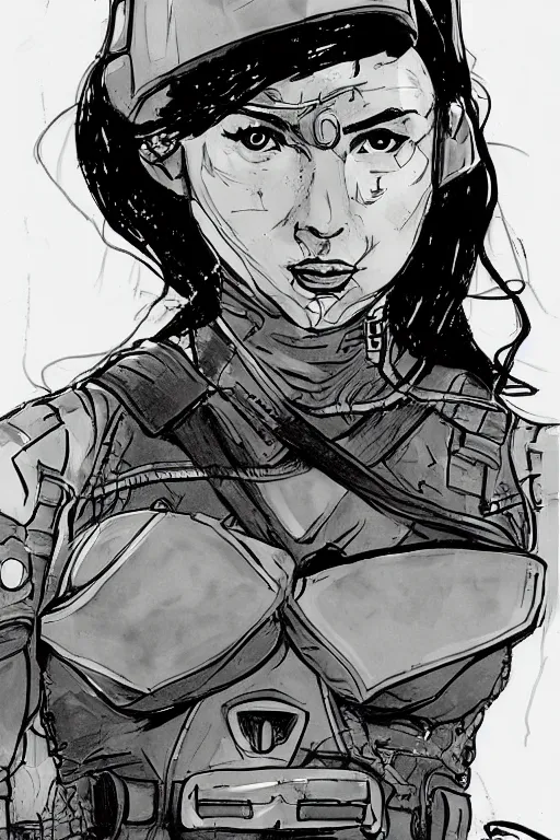 Prompt: beautiful portrait of a young futuristic female soldier, frank miller style, sketch