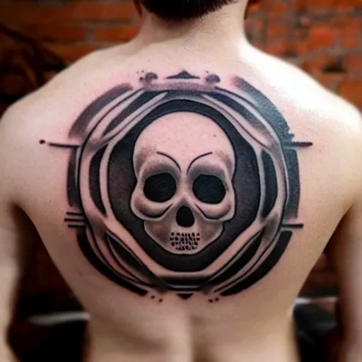 Image similar to yin-yang skull tattoo on a back of a man