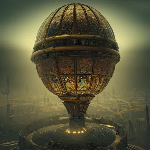 Image similar to enormous flying city in a faberge egg, sky, steampunk, fantasy art, masterpiece, unreal engine