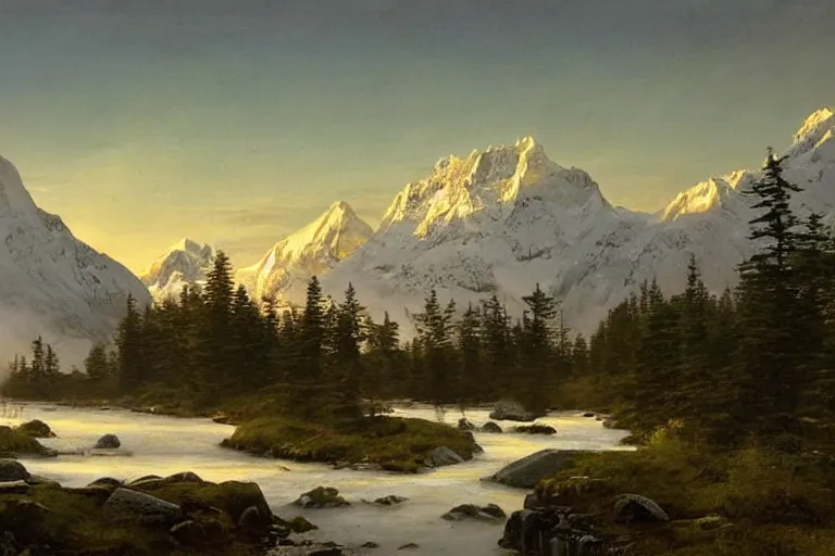 Prompt: an epic landscape scene of the three sisters mountains in canada, with snow on its peak, at sunrise in springtime, with a small river in the foreground, drawn by hiroshi yoshida, atmospheric, volumetric lighting, rolling fog, breathtaking, highly detailed