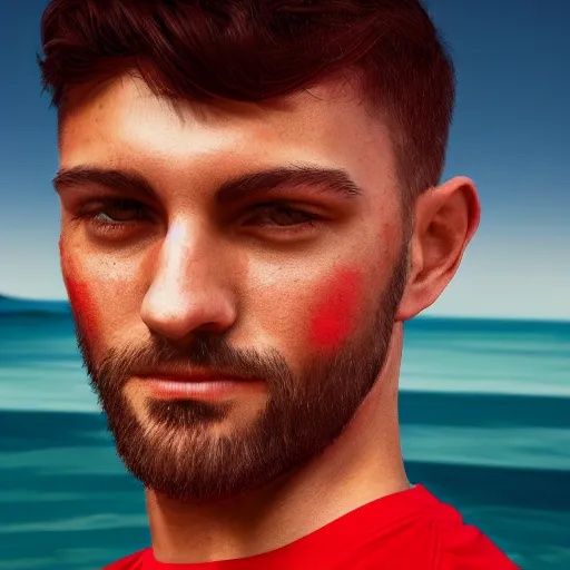 Prompt: guy with short dark hair on his side, dressed in a red t - shirt, standing still against the background of the sea digital art, 8 k, character, realism, portrait