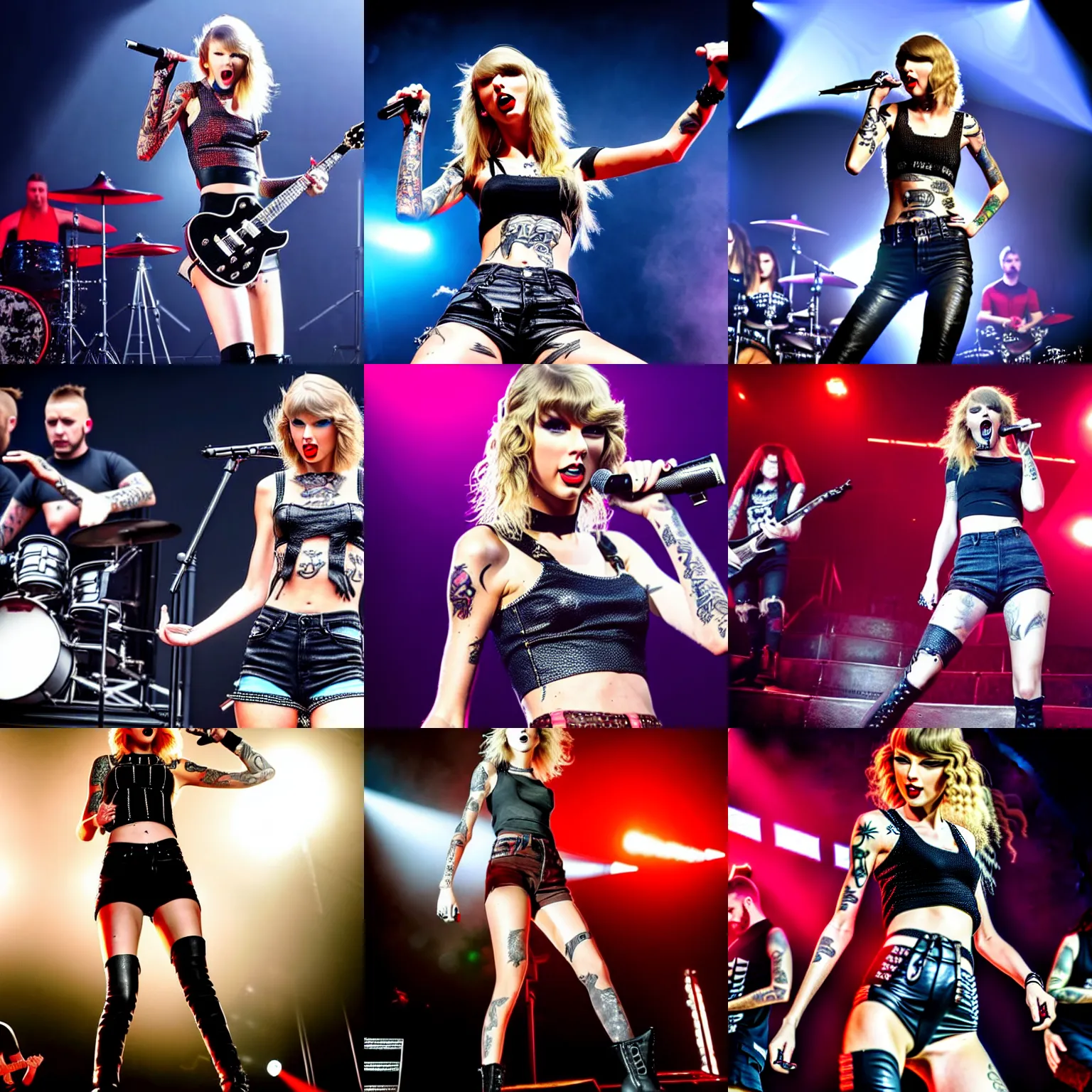 Prompt: full body shot of taylor swift with a mohawk hairstyle and lots of tattoos performing on stage in a metal band