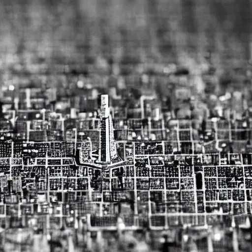 Image similar to an electron microscope photo of a tiny city, bokeh