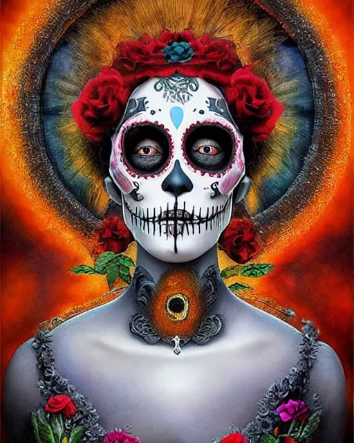 Prompt: dia de los muertos theme surrealist art in the styles of igor morski, jim warren, and a tim burton film, intricate, hyperrealistic, accurate facial details, profile picture with chromakey!!!!! background, volumetric lighting