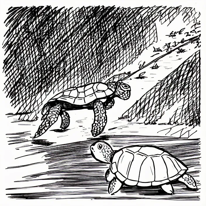 Image similar to a still frame from comic strip of a turtle running away 1 9 5 0, herluf bidstrup, new yorker illustration, monochrome contrast bw, lineart, manga, simplified