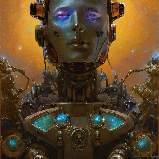 Prompt: highly detailed portrait of an humanoid robotic galaxy mecha, painting by gaston bussiere, craig mullins, j. c. leyendecker, lights, art by ernst haeckel, john william godward, hammershøi,