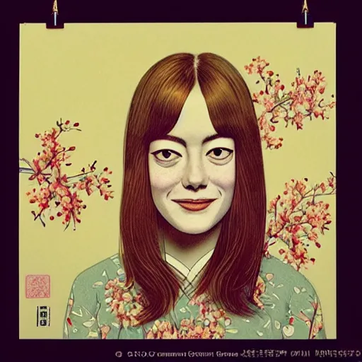 Prompt: “ emma stone portrait by ikenaga yasunari and ayana otake and ko rakusui, 6 0 s poster, drawing, realistic, sharp focus, japanese, dreamy, nostalgia, faded, golden hues, floral clothes ”