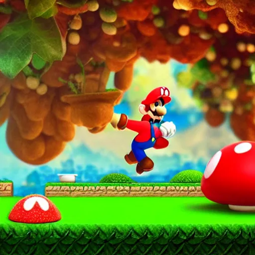 Image similar to Mario jumping off a white and red spotted mushroom, Mario brothers theme, mushroom kingdom in background, landscape, beautiful, colorful, cinematic composition, exotic plants, goombas,